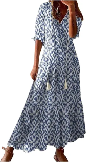 Vacation Dresses for Women 3/4 Length Sleeve V-Neck Summer Dress Empire Waist Casual Flowy Vintage Graphic Dress