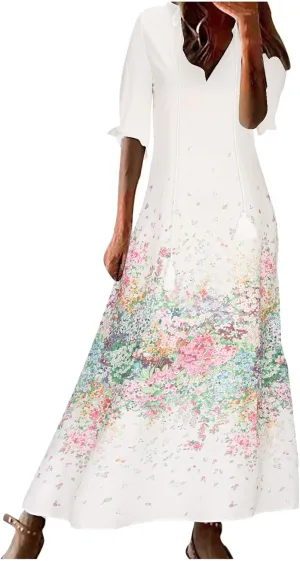 Vacation Dresses for Women 3/4 Length Sleeve V-Neck Summer Dress Empire Waist Casual Flowy Vintage Graphic Dress