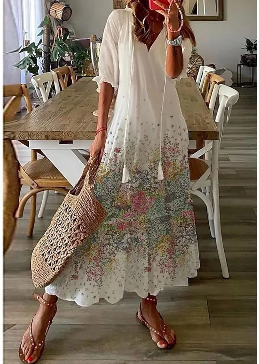 Vacation Dresses for Women 3/4 Length Sleeve V-Neck Summer Dress Empire Waist Casual Flowy Vintage Graphic Dress