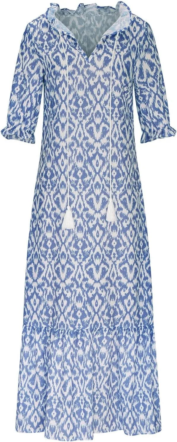 Vacation Dresses for Women 3/4 Length Sleeve V-Neck Summer Dress Empire Waist Casual Flowy Vintage Graphic Dress