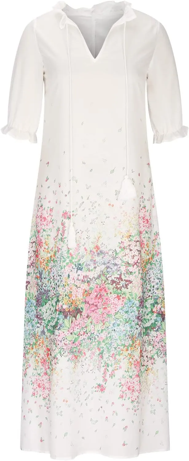 Vacation Dresses for Women 3/4 Length Sleeve V-Neck Summer Dress Empire Waist Casual Flowy Vintage Graphic Dress