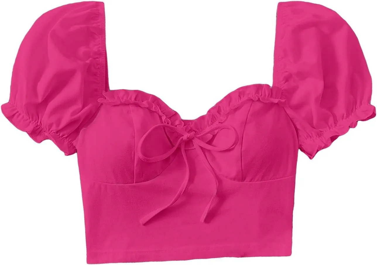 Verdusa Women's Frill Trim Sweetheart Neck Tie Front Short Puff Sleeve Crop Blouse Top