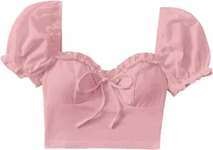 Verdusa Women's Frill Trim Sweetheart Neck Tie Front Short Puff Sleeve Crop Blouse Top
