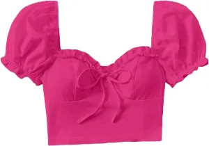 Verdusa Women's Frill Trim Sweetheart Neck Tie Front Short Puff Sleeve Crop Blouse Top