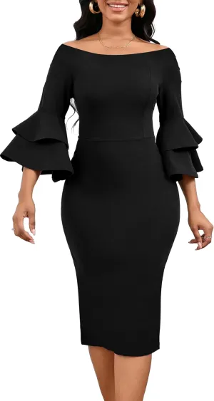 VisiChenup Sexy African Dress for Women Elegant Off Shoulder Ruffles Sleeve Ladies Pencil Dresses