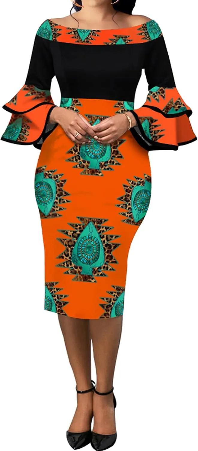 VisiChenup Sexy African Dress for Women Elegant Off Shoulder Ruffles Sleeve Ladies Pencil Dresses