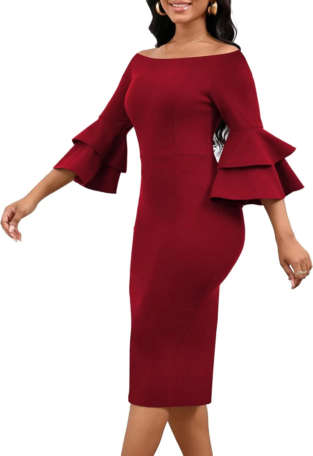VisiChenup Sexy African Dress for Women Elegant Off Shoulder Ruffles Sleeve Ladies Pencil Dresses