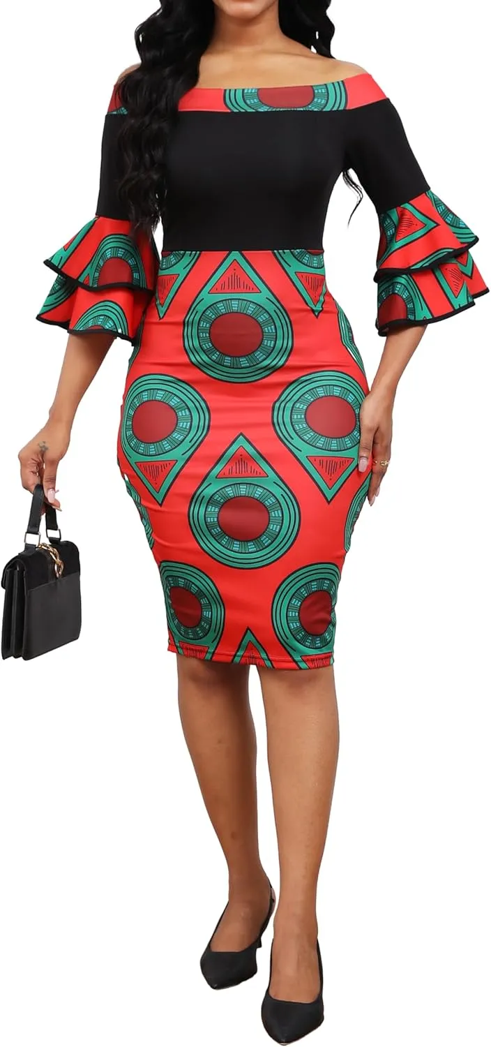 VisiChenup Sexy African Dress for Women Elegant Off Shoulder Ruffles Sleeve Ladies Pencil Dresses