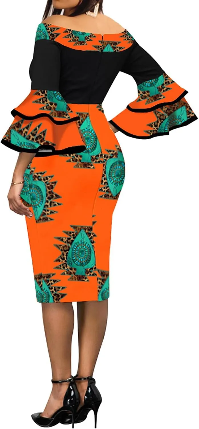 VisiChenup Sexy African Dress for Women Elegant Off Shoulder Ruffles Sleeve Ladies Pencil Dresses