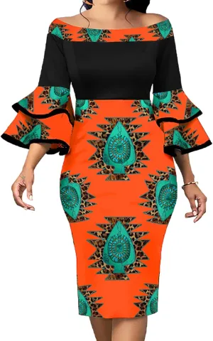VisiChenup Sexy African Dress for Women Elegant Off Shoulder Ruffles Sleeve Ladies Pencil Dresses