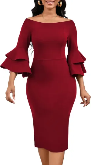 VisiChenup Sexy African Dress for Women Elegant Off Shoulder Ruffles Sleeve Ladies Pencil Dresses