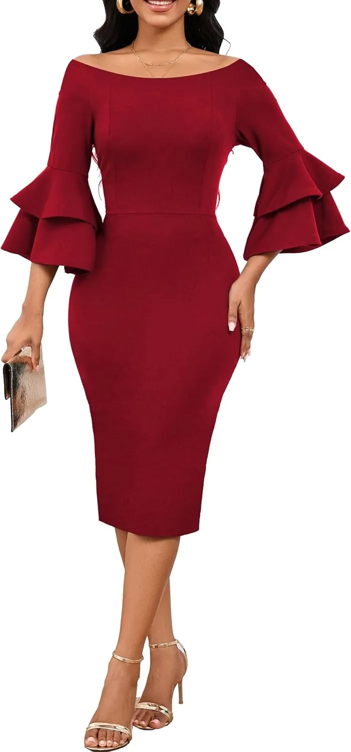 VisiChenup Sexy African Dress for Women Elegant Off Shoulder Ruffles Sleeve Ladies Pencil Dresses