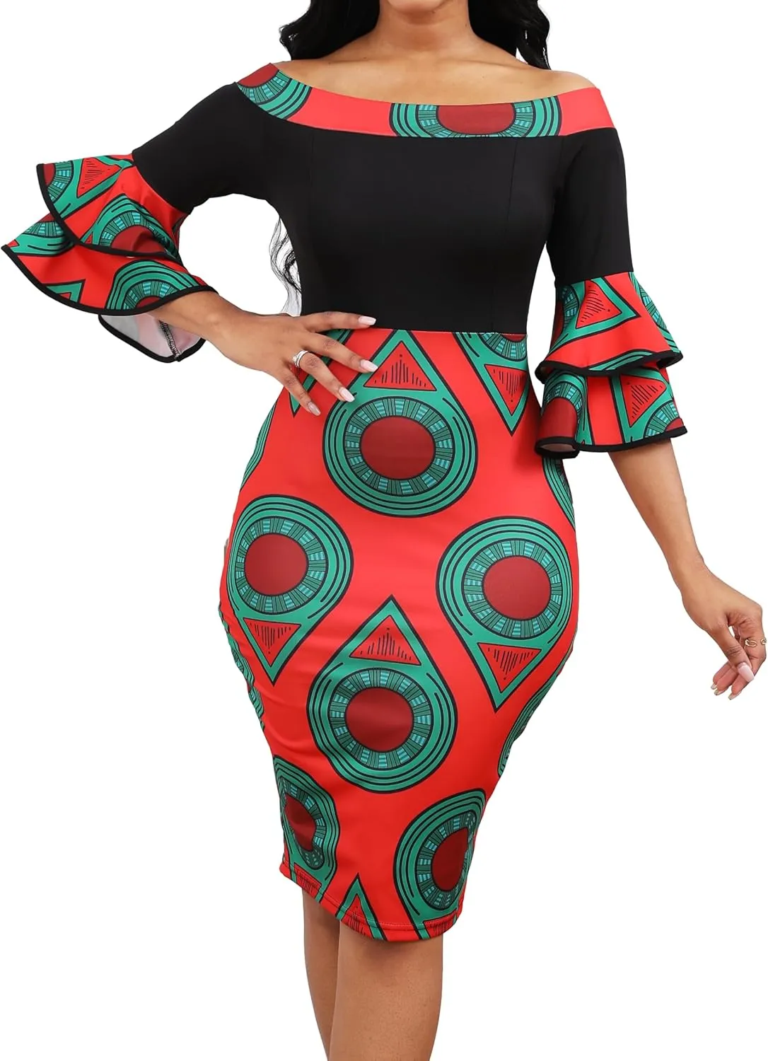 VisiChenup Sexy African Dress for Women Elegant Off Shoulder Ruffles Sleeve Ladies Pencil Dresses