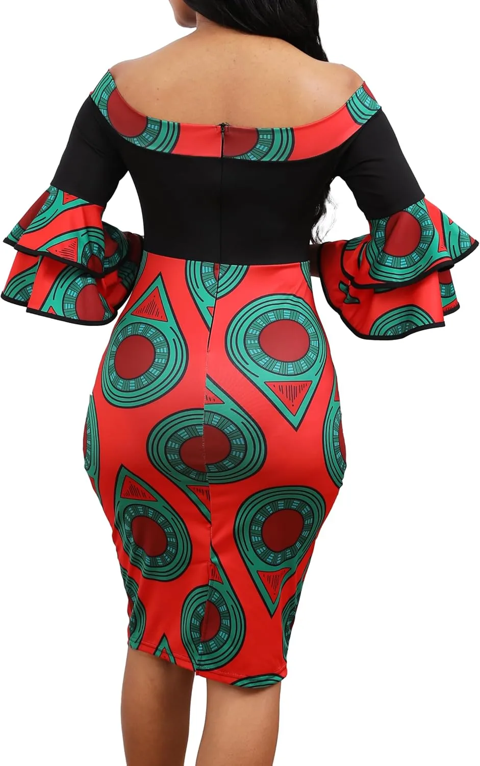 VisiChenup Sexy African Dress for Women Elegant Off Shoulder Ruffles Sleeve Ladies Pencil Dresses