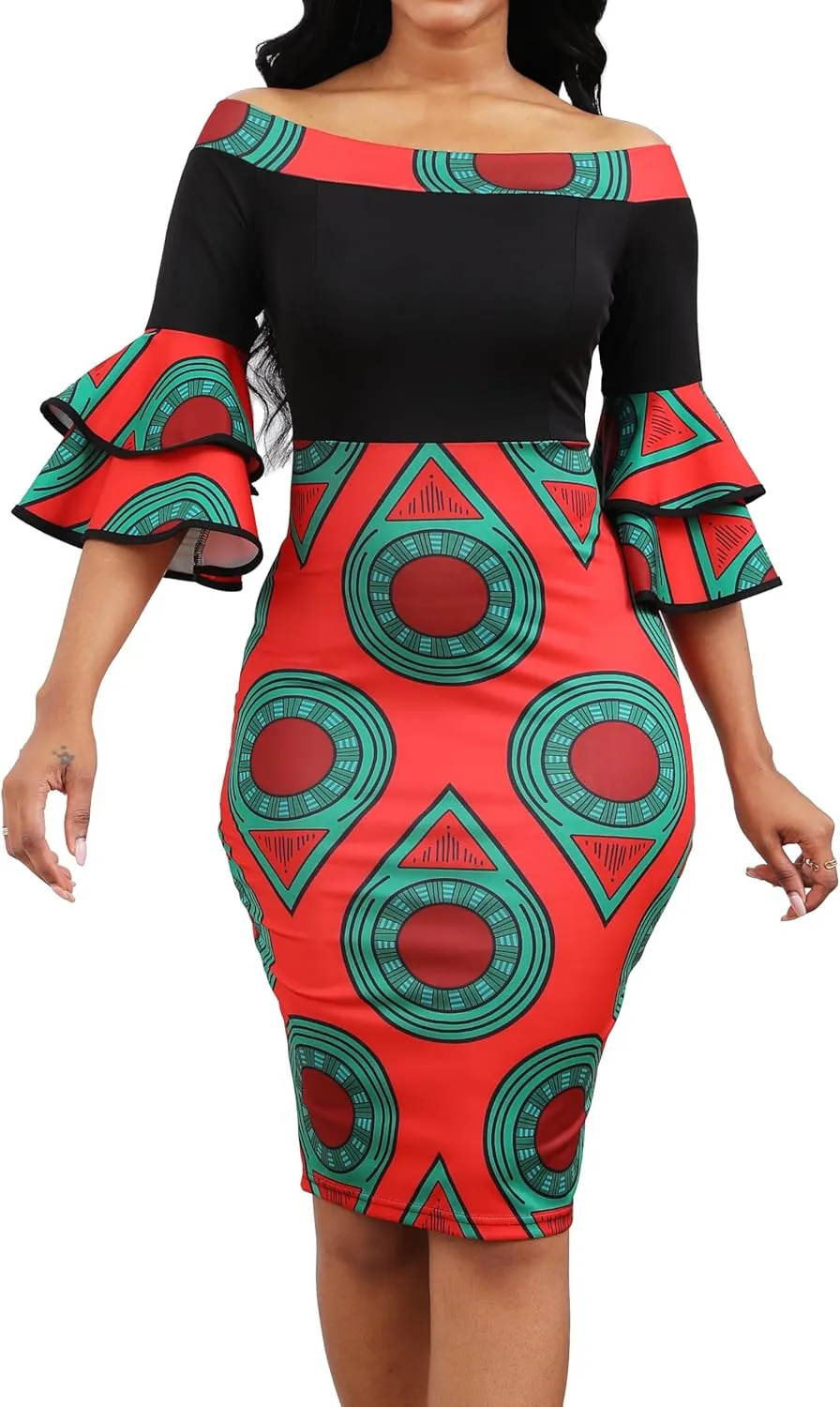 VisiChenup Sexy African Dress for Women Elegant Off Shoulder Ruffles Sleeve Ladies Pencil Dresses