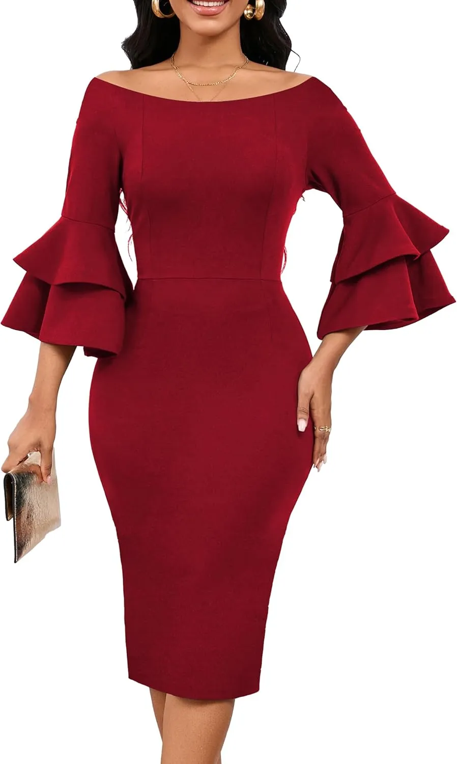 VisiChenup Sexy African Dress for Women Elegant Off Shoulder Ruffles Sleeve Ladies Pencil Dresses