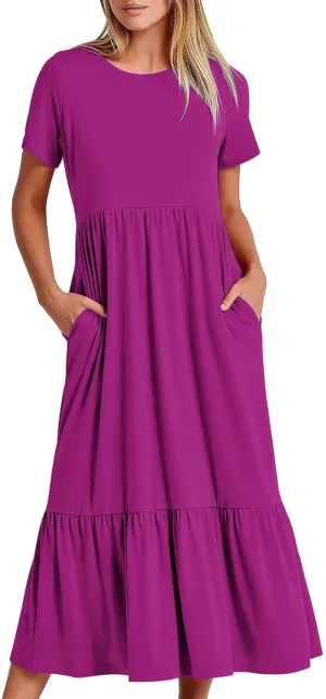 Warehouse Deals Today Womens Summer Short Sleeve Crewneck Shirt Dress Casual Flowy Tiered Maxi Beach Dress with Pockets Elegant Long Dresses Beach Dresses for Women Purple 2X