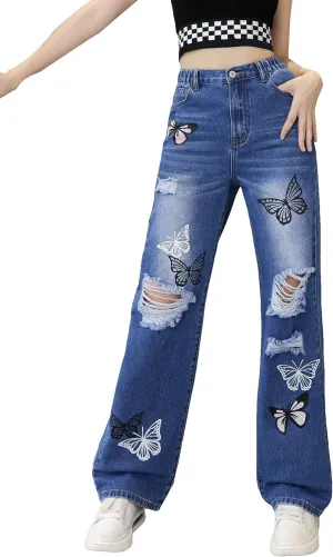 WDIRARA Girl's Flap Pocket Side High Waist Straight Leg Cargo Long Jeans Denim Pants