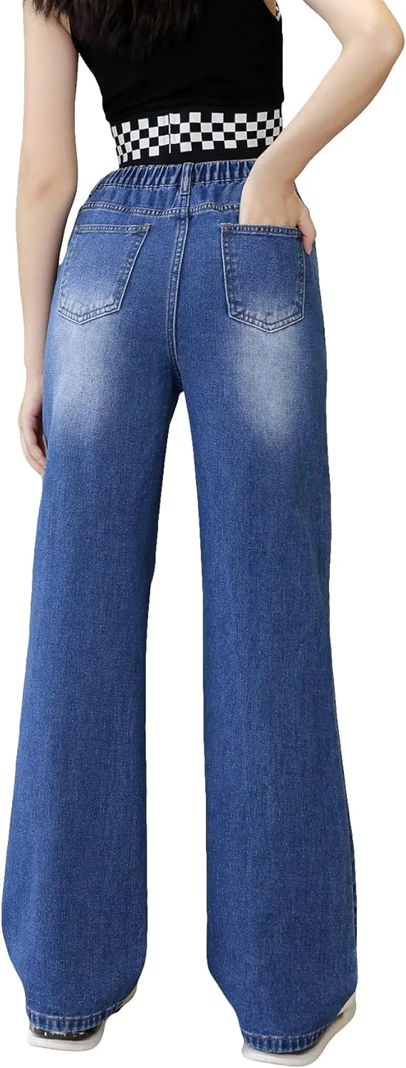 WDIRARA Girl's Flap Pocket Side High Waist Straight Leg Cargo Long Jeans Denim Pants