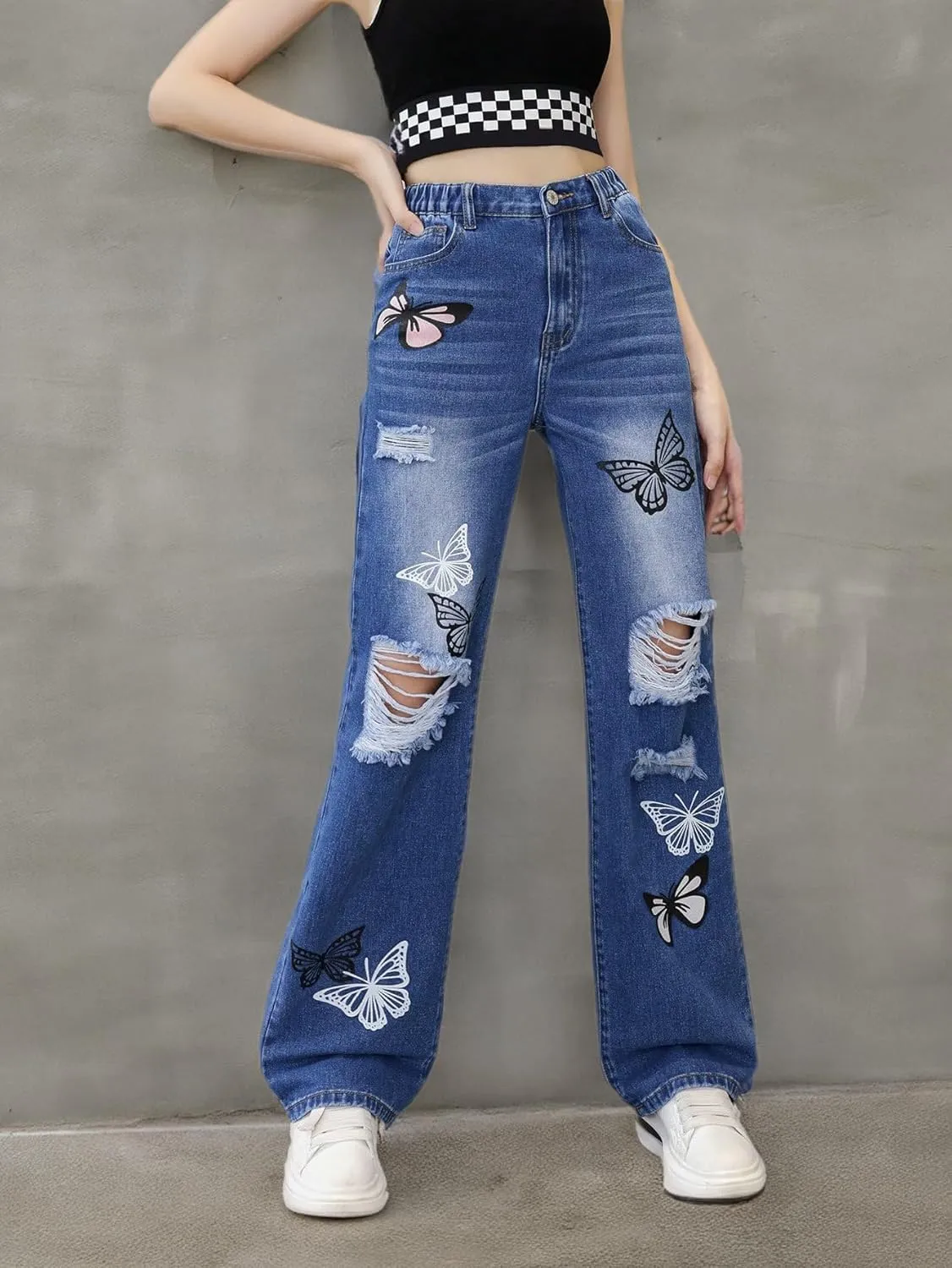 WDIRARA Girl's Flap Pocket Side High Waist Straight Leg Cargo Long Jeans Denim Pants