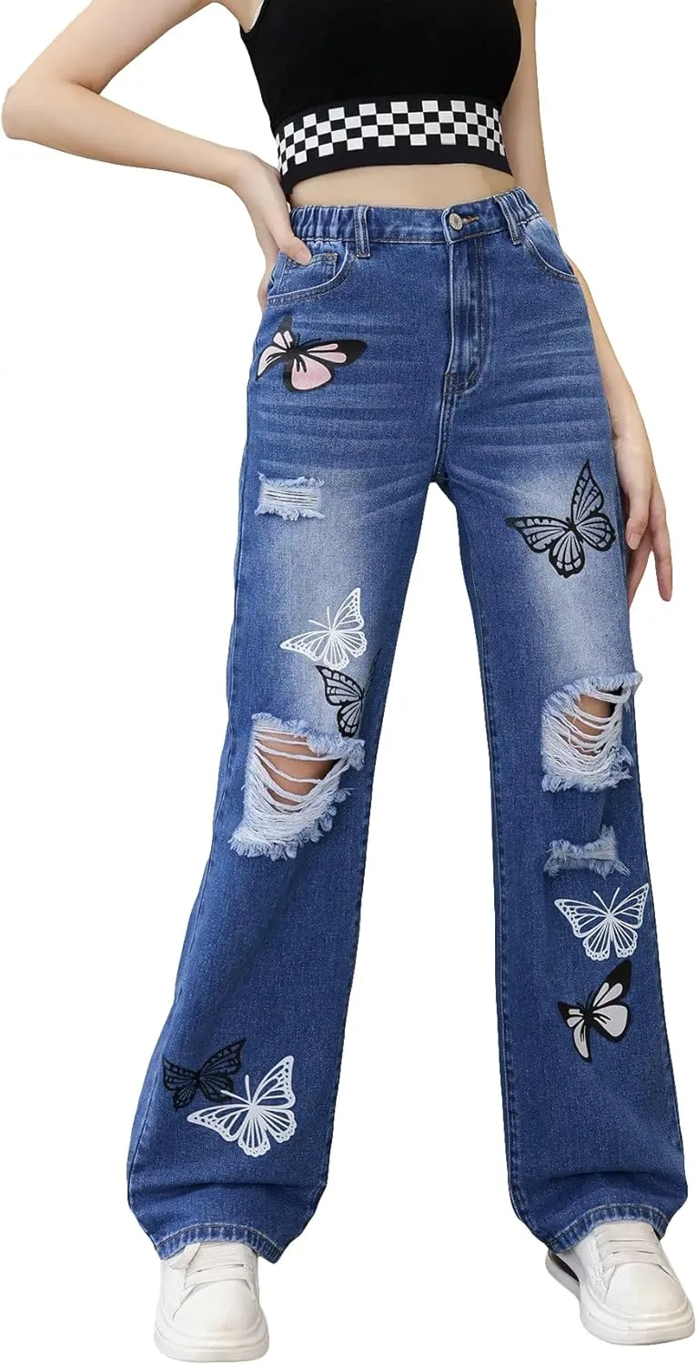 WDIRARA Girl's Flap Pocket Side High Waist Straight Leg Cargo Long Jeans Denim Pants