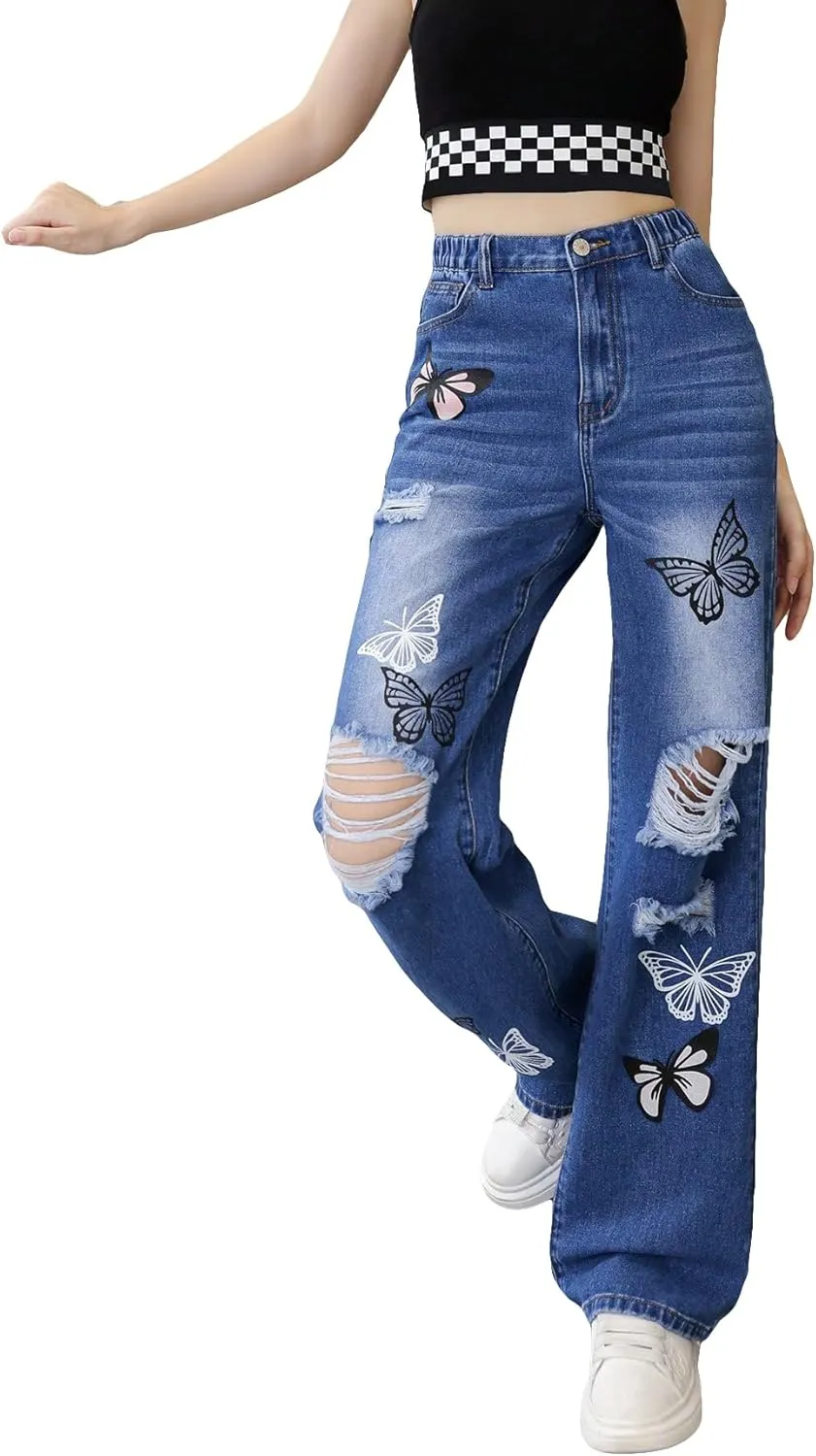 WDIRARA Girl's Flap Pocket Side High Waist Straight Leg Cargo Long Jeans Denim Pants