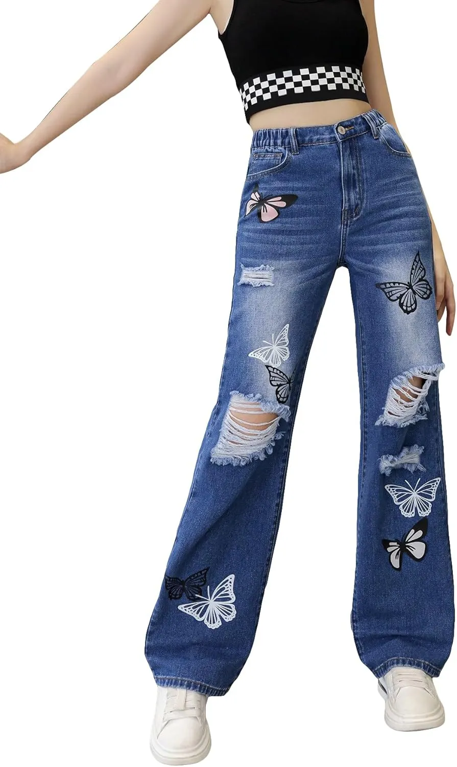 WDIRARA Girl's Flap Pocket Side High Waist Straight Leg Cargo Long Jeans Denim Pants