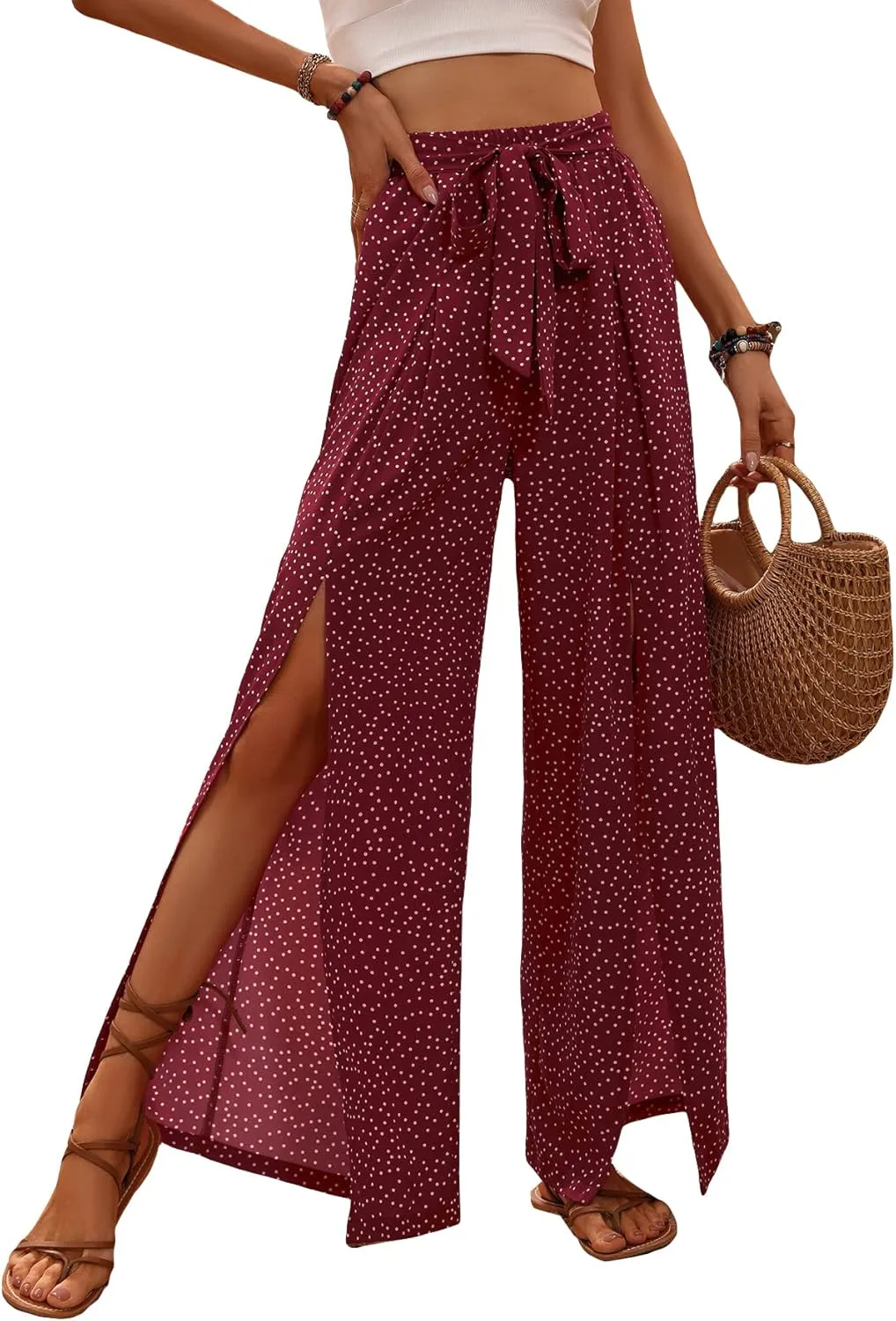 WDIRARA Women's Elastic Waist Wide Leg High Rise Split Tie Front Wrap Flowy Pants