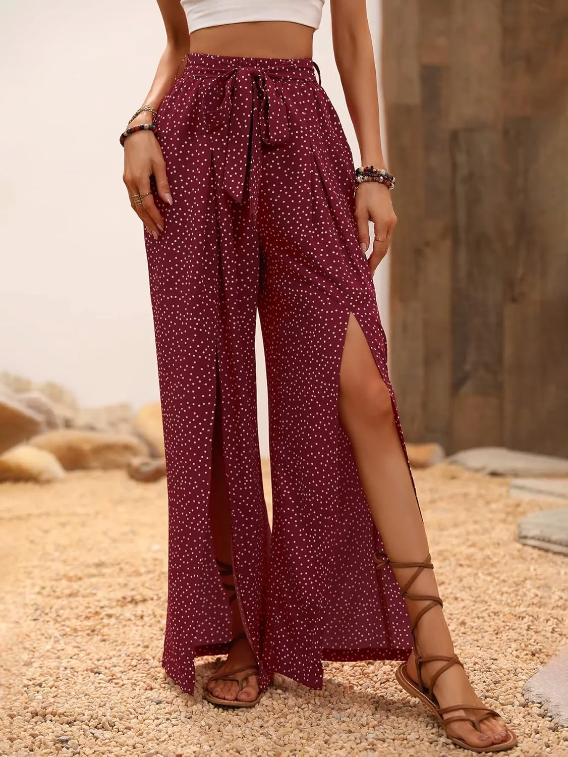 WDIRARA Women's Elastic Waist Wide Leg High Rise Split Tie Front Wrap Flowy Pants