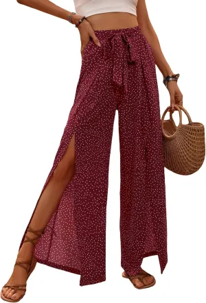 WDIRARA Women's Elastic Waist Wide Leg High Rise Split Tie Front Wrap Flowy Pants