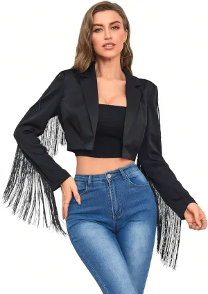 WDIRARA Women's Solid Fringe Trim Long Sleeve Collar Open Front Crop Blazer Party Jacket