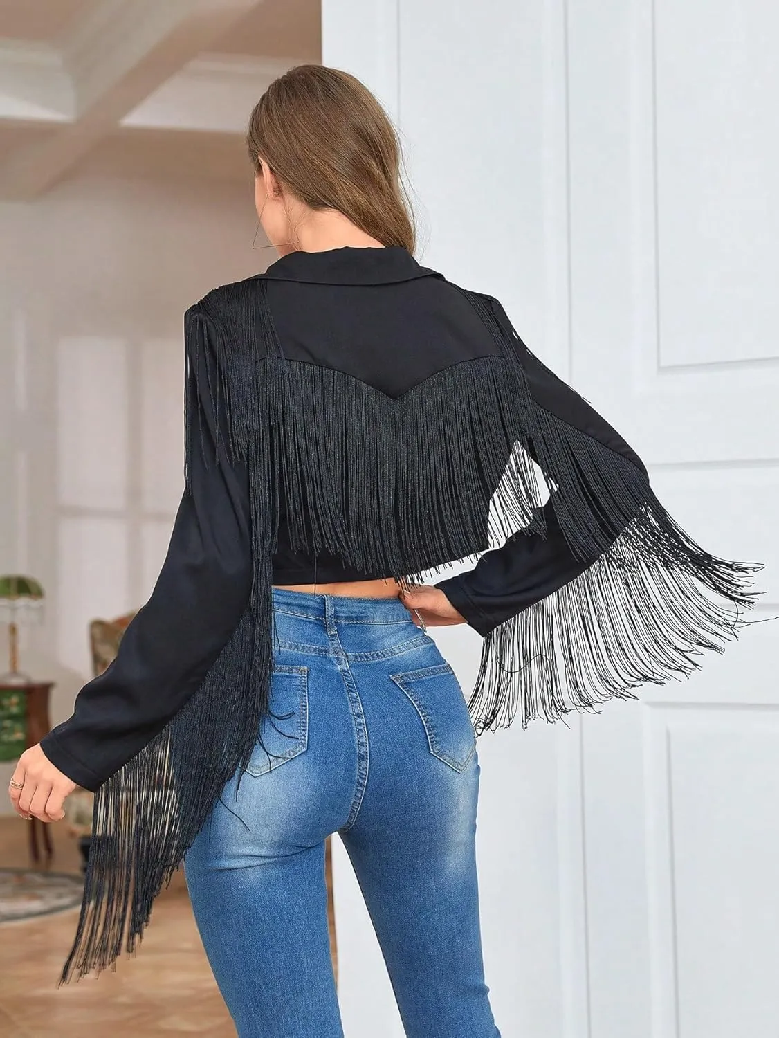 WDIRARA Women's Solid Fringe Trim Long Sleeve Collar Open Front Crop Blazer Party Jacket