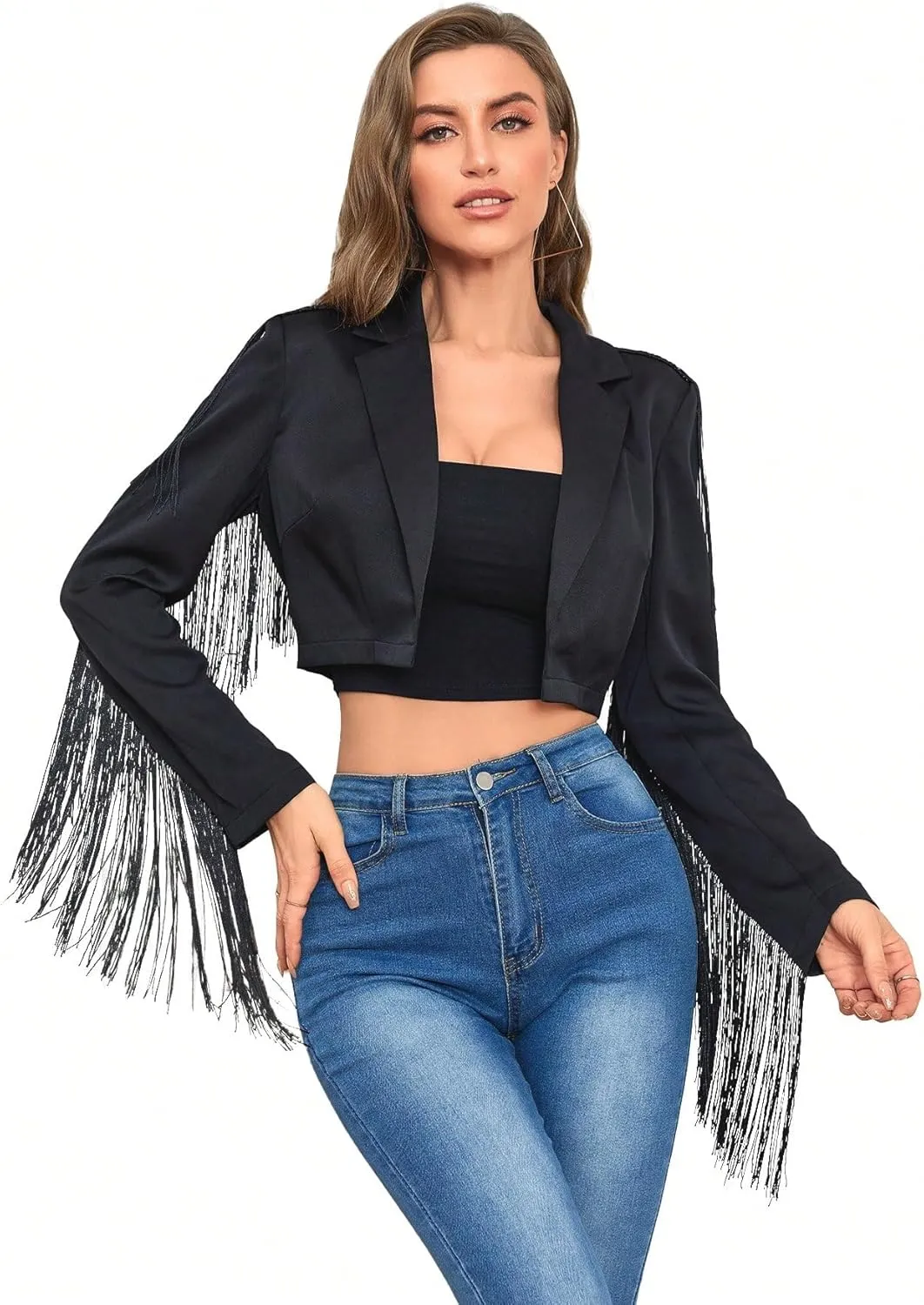 WDIRARA Women's Solid Fringe Trim Long Sleeve Collar Open Front Crop Blazer Party Jacket