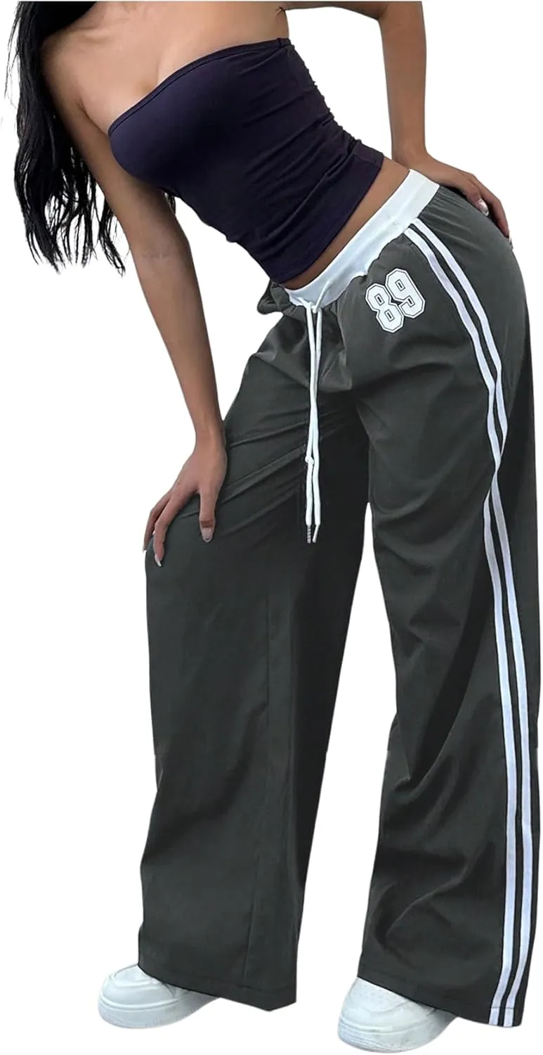 WDIRARA Women's Wide Leg Baggy Sweatpants Side Striped Number Graphic Track Pants with Pockets