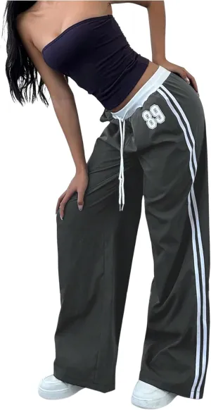 WDIRARA Women's Wide Leg Baggy Sweatpants Side Striped Number Graphic Track Pants with Pockets