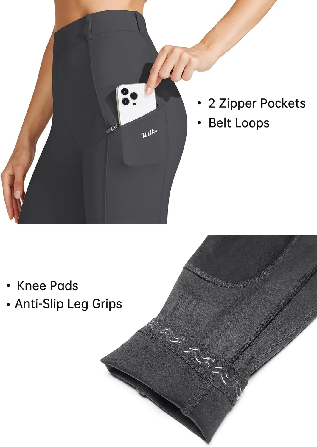 Willit Women's Horse Riding Pants Knee-Patch Equestrian Breeches Horseback Schooling Tights Zipper Pockets