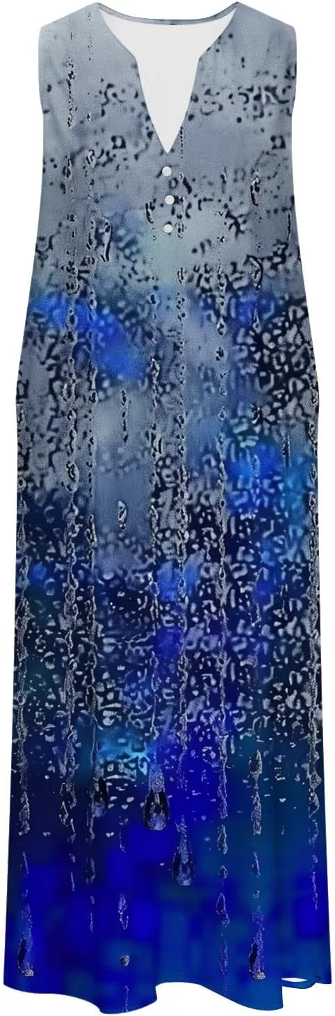 Women Boho Floral Print Midi Sun Dresses Casual Sleeveless Loose Flowy Dress Elegant Summer Beach Sundress with Pocket