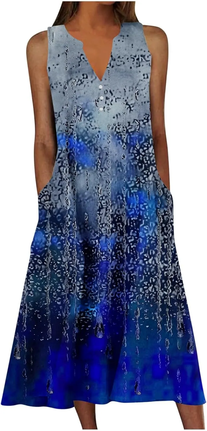 Women Boho Floral Print Midi Sun Dresses Casual Sleeveless Loose Flowy Dress Elegant Summer Beach Sundress with Pocket