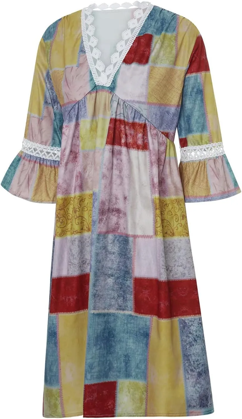 Women Casual Summer Dresses 3/4 Sleeve Party Tunic Swing Beach Sundress V Neck Bohemian Lace Trim V-Neck Midi Dress