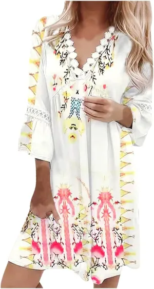 Women Casual Summer Dresses 3/4 Sleeve Party Tunic Swing Beach Sundress V Neck Bohemian Lace Trim V-Neck Midi Dress