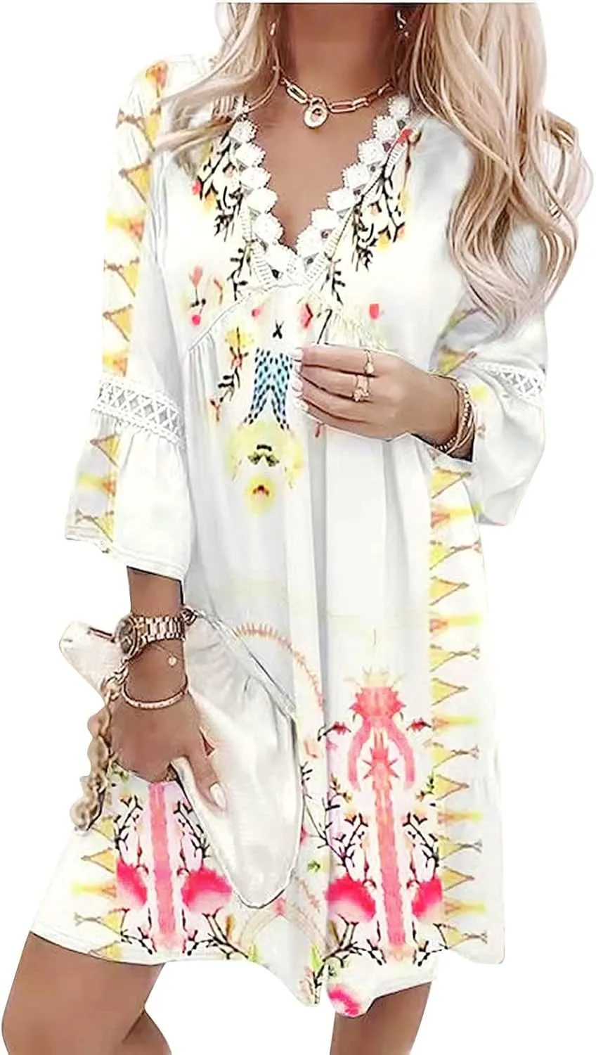 Women Casual Summer Dresses 3/4 Sleeve Party Tunic Swing Beach Sundress V Neck Bohemian Lace Trim V-Neck Midi Dress