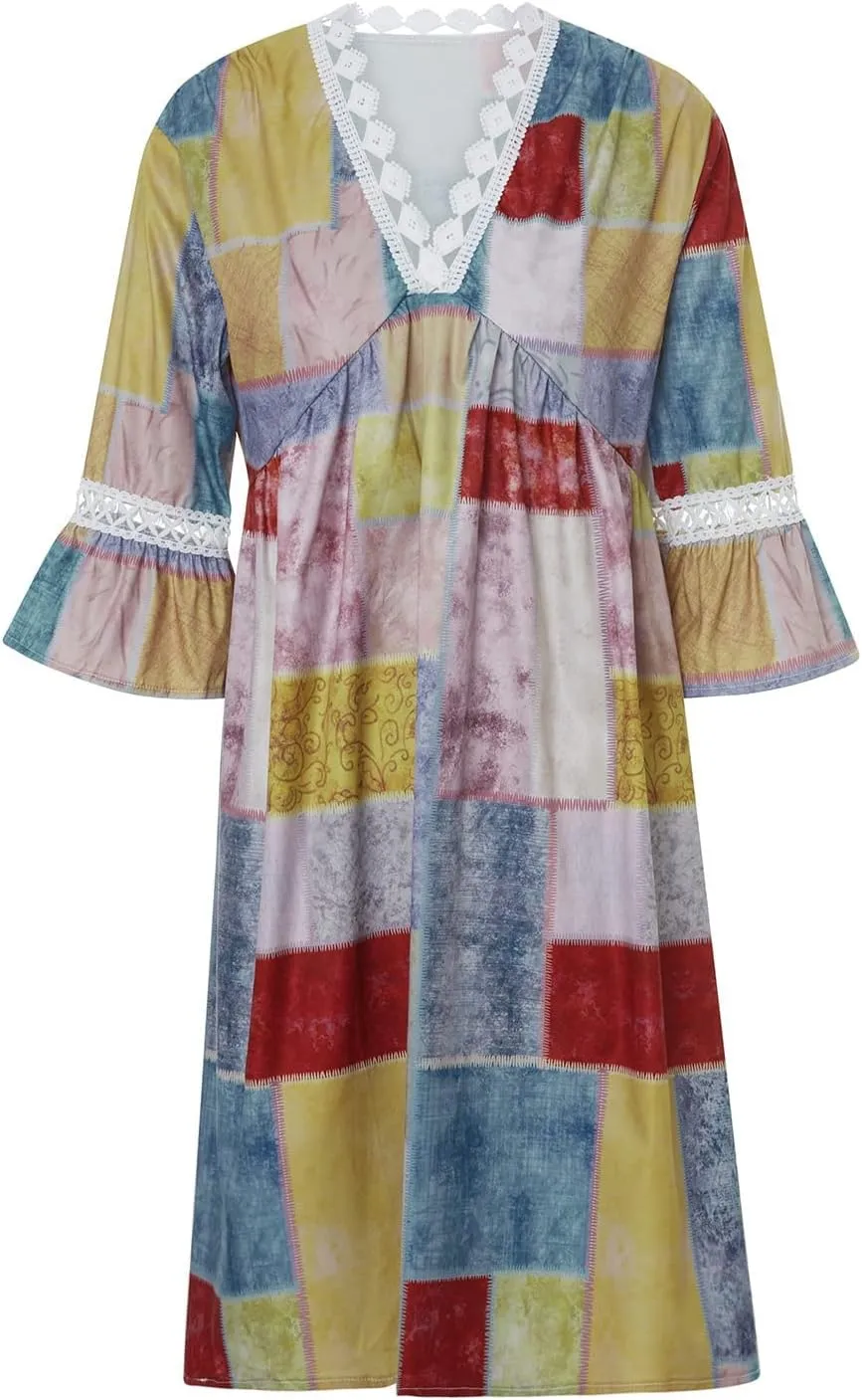 Women Casual Summer Dresses 3/4 Sleeve Party Tunic Swing Beach Sundress V Neck Bohemian Lace Trim V-Neck Midi Dress