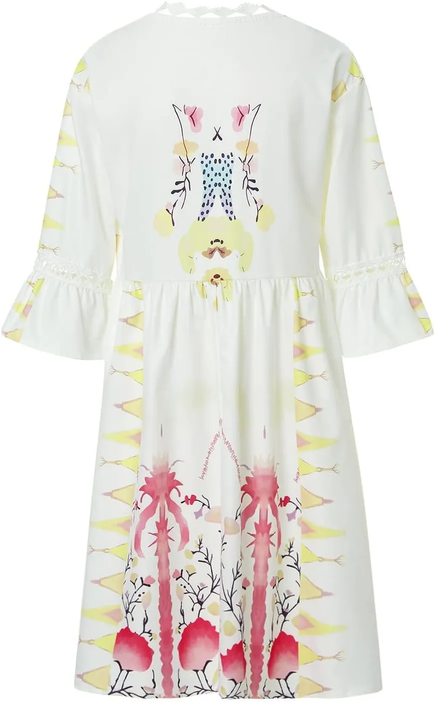 Women Casual Summer Dresses 3/4 Sleeve Party Tunic Swing Beach Sundress V Neck Bohemian Lace Trim V-Neck Midi Dress