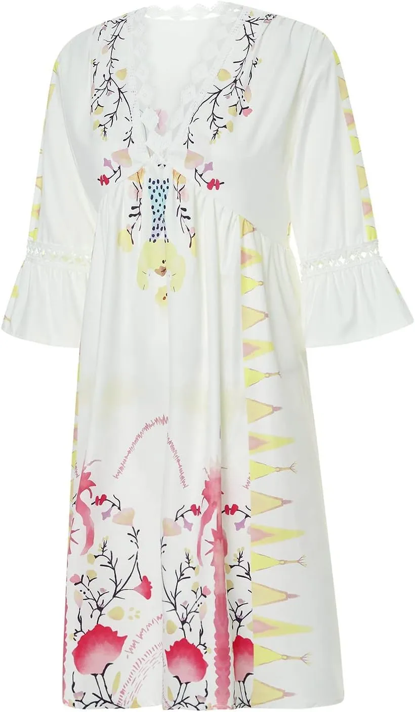 Women Casual Summer Dresses 3/4 Sleeve Party Tunic Swing Beach Sundress V Neck Bohemian Lace Trim V-Neck Midi Dress