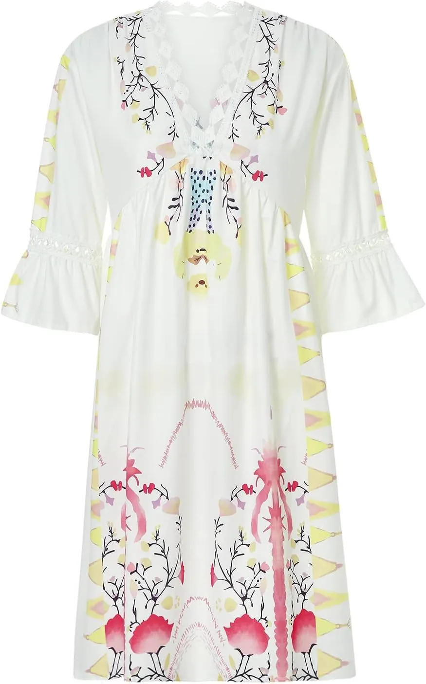 Women Casual Summer Dresses 3/4 Sleeve Party Tunic Swing Beach Sundress V Neck Bohemian Lace Trim V-Neck Midi Dress