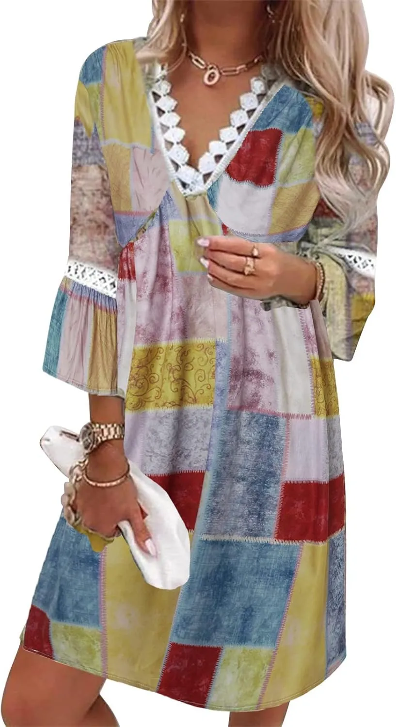 Women Casual Summer Dresses 3/4 Sleeve Party Tunic Swing Beach Sundress V Neck Bohemian Lace Trim V-Neck Midi Dress