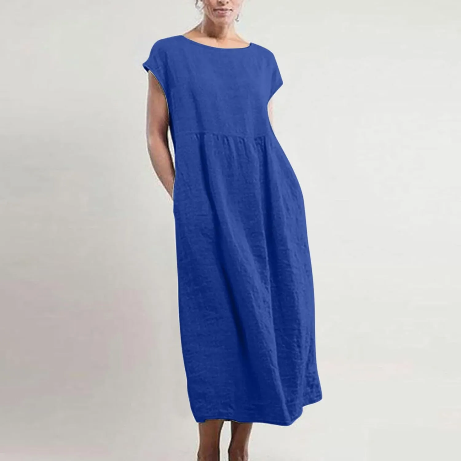 Women Cotton Linen Long Dresses Casual Sleeve Round Neck Midi Length Dress Solid Loose Casual Pockets Maxi T Shirt Dress