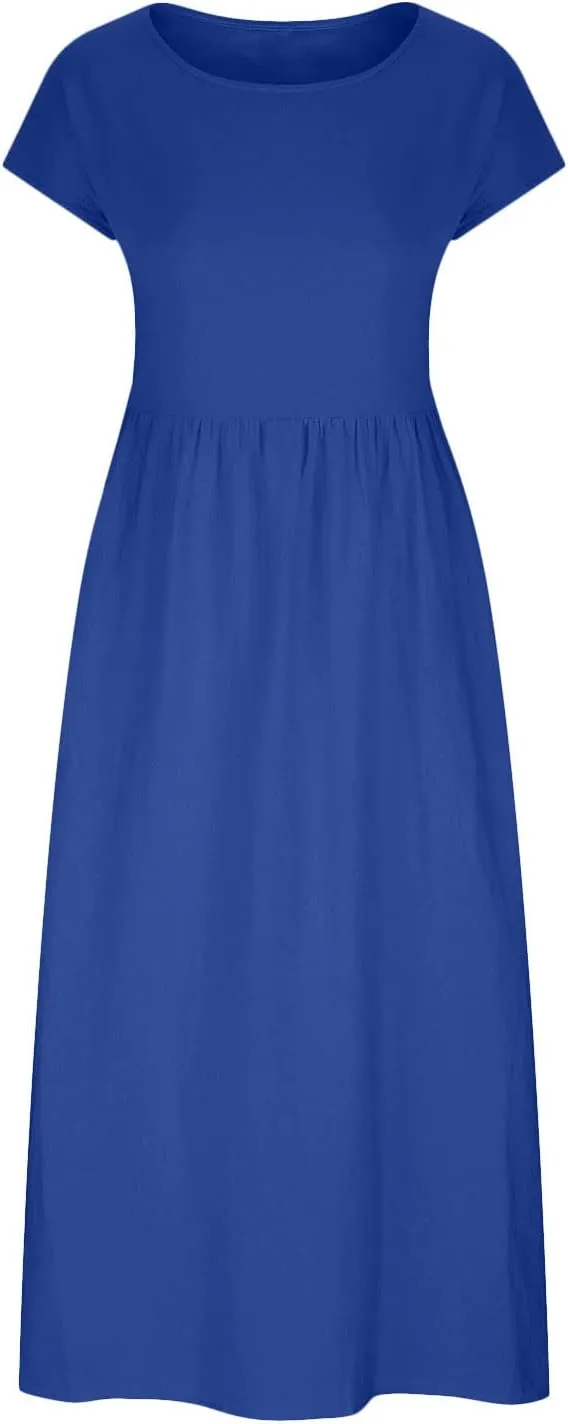 Women Cotton Linen Long Dresses Casual Sleeve Round Neck Midi Length Dress Solid Loose Casual Pockets Maxi T Shirt Dress