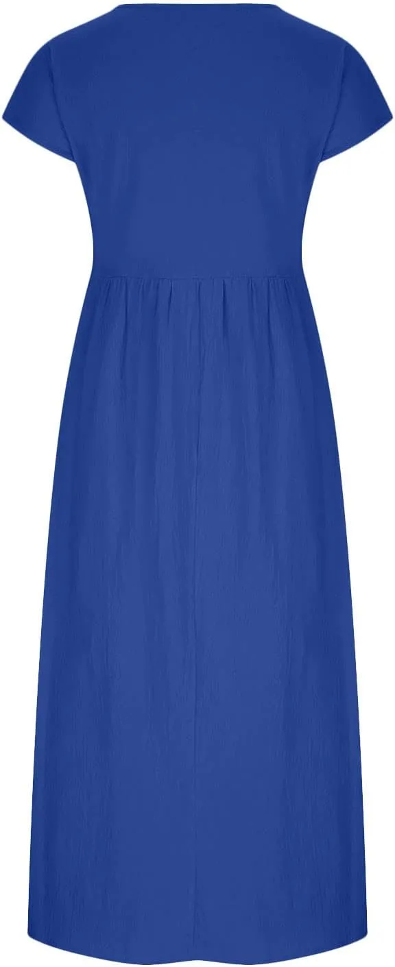 Women Cotton Linen Long Dresses Casual Sleeve Round Neck Midi Length Dress Solid Loose Casual Pockets Maxi T Shirt Dress