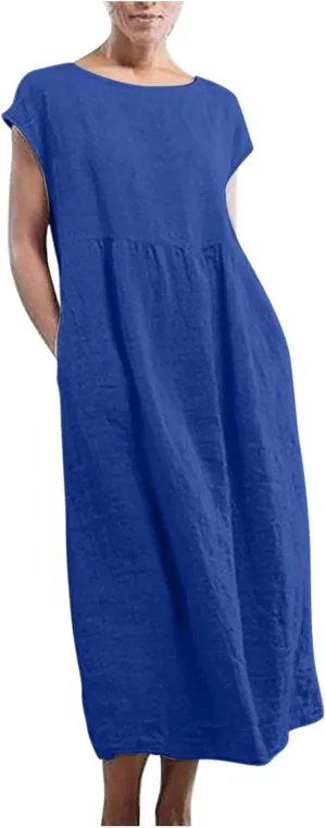 Women Cotton Linen Long Dresses Casual Sleeve Round Neck Midi Length Dress Solid Loose Casual Pockets Maxi T Shirt Dress